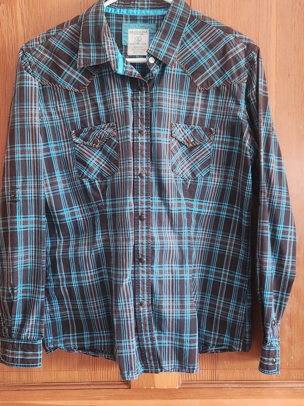 Women's Plaid Western cowgirl Button-Down Shirt - Teal and Black L